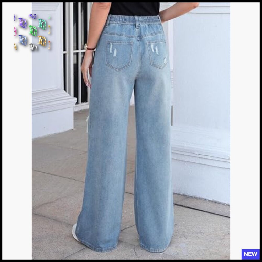 Distressed Barrel Jeans Mid Rise Straight Wide Leg Pull On Denim Pants - Picture 3 of 7